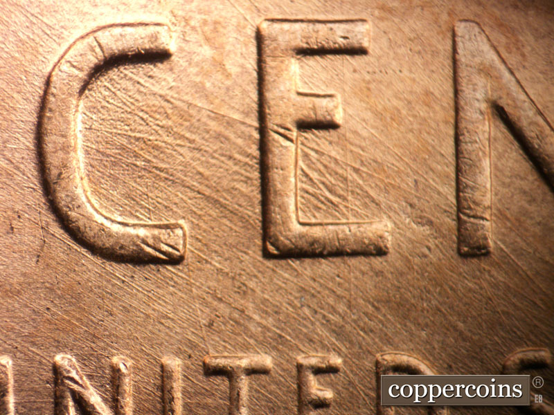 Die-stage B marker on 1950D•1MM•034 (1950 Repunched Mint Mark).