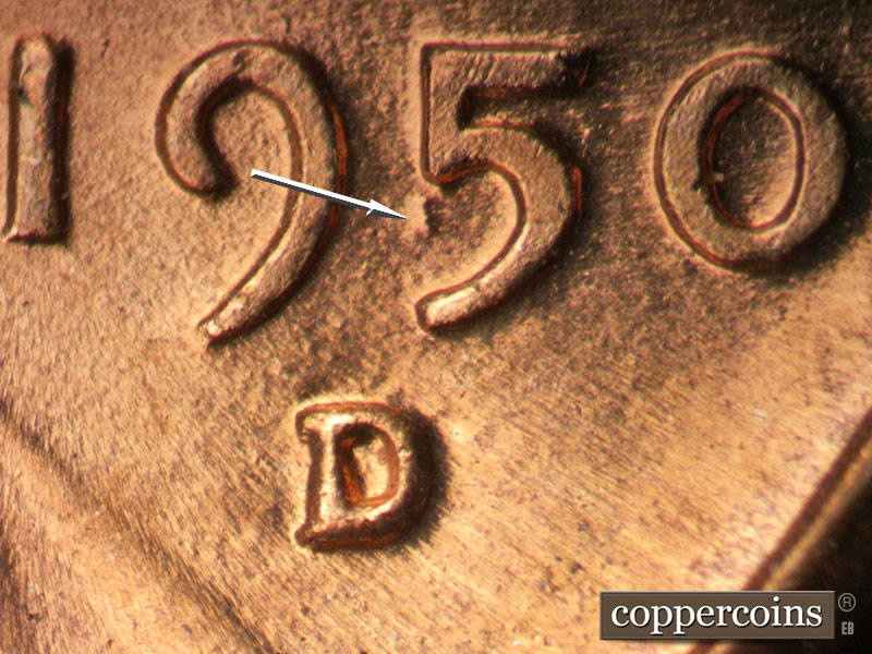 1950 Lincoln cent obverse, CopperCoins die 1950D•1MM•035.