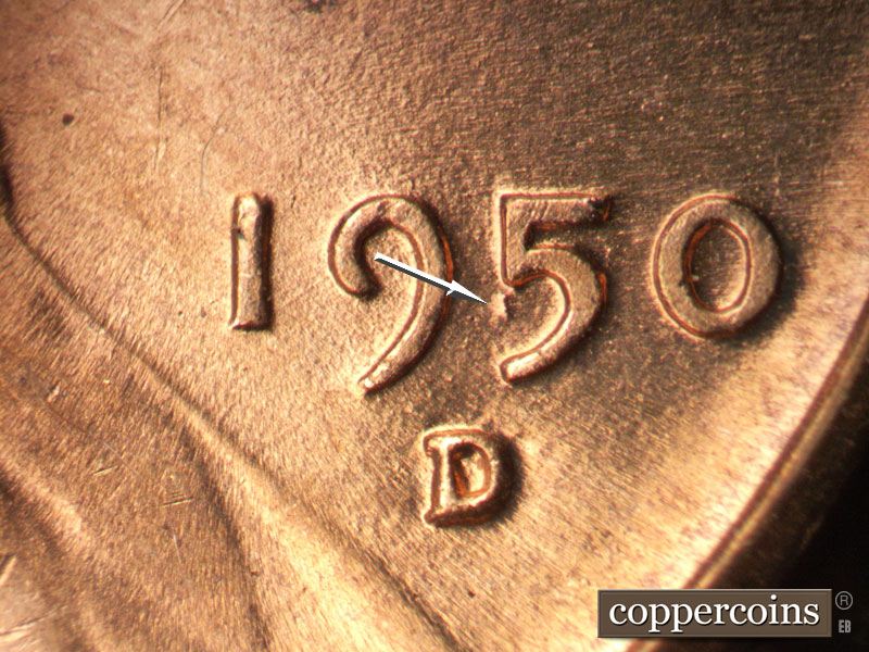 Die-stage B marker on 1950D•1MM•035 (1950 Repunched Mint Mark).