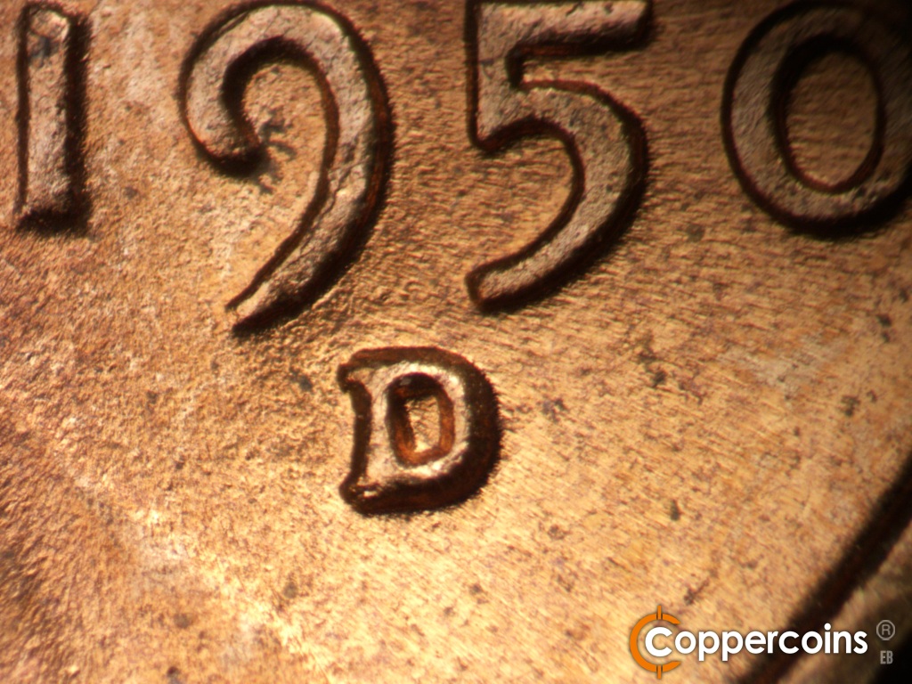 Die-stage B marker on 1950D•1MM•038 showing Closeup of repunched mint mark.