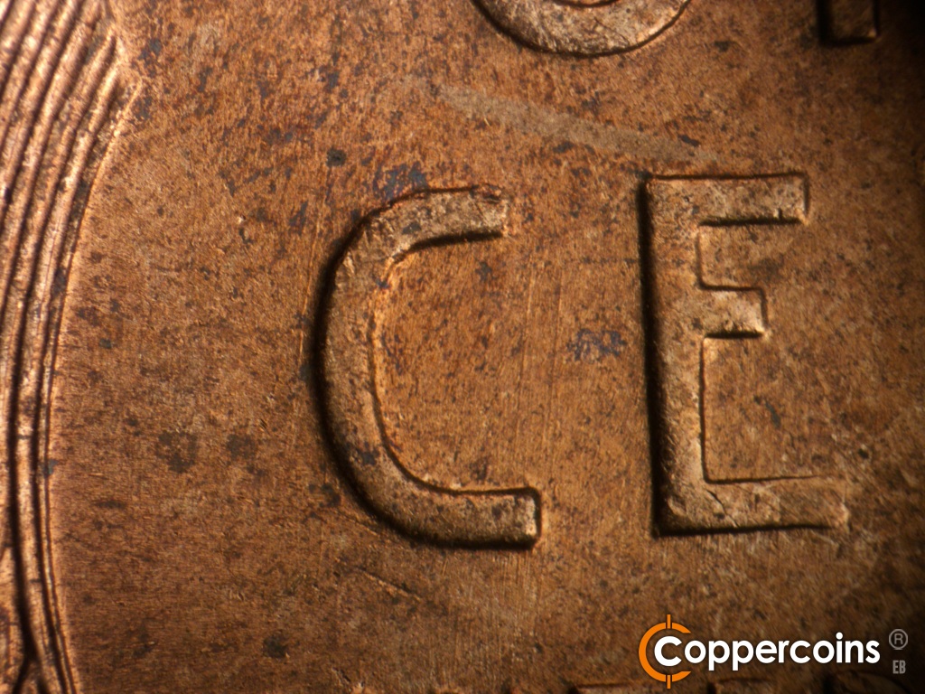Die-stage B marker on 1950D•1MM•038 showing NNE die scratches through C in CENT.
