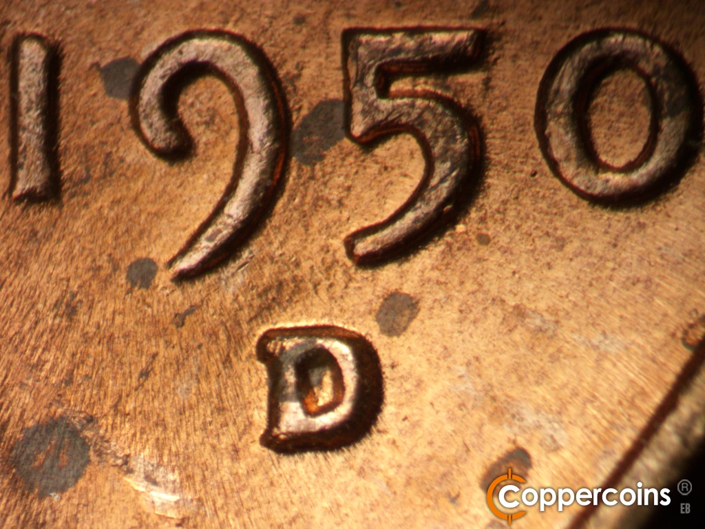 Die-stage B marker on 1950D•1MM•039 showing Closeup of repunched mint mark.