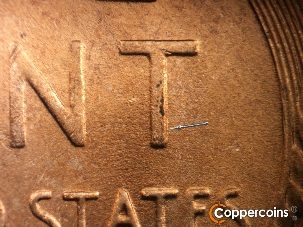 Die-stage B marker on 1950D•1MM•039 showing Die chipping on lower T in CENT.