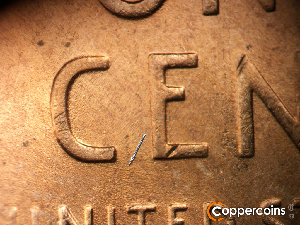 Die-stage B marker on 1950D•1MM•039 showing ESE die scratch from lower C in CENT.