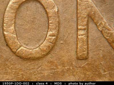 Die-stage B marker on 1950P•1DO•002 (1950 Doubled Die Obverse).