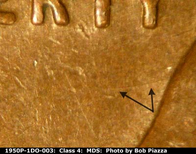 Die-stage B marker on 1950P•1DO•003 (1950 Doubled Die Obverse).