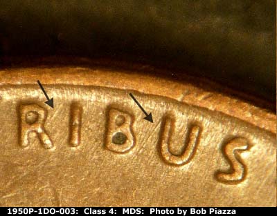 Die-stage B marker on 1950P•1DO•003 (1950 Doubled Die Obverse).