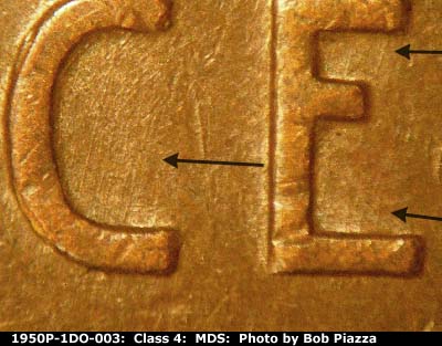 Die-stage B marker on 1950P•1DO•003 (1950 Doubled Die Obverse).