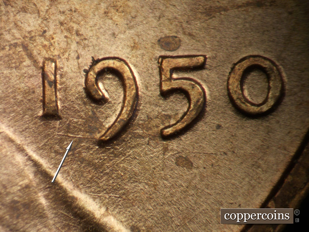 Die-stage A marker on 1950P•1DO•005 showing Die scratch from bottom of 9 in date.