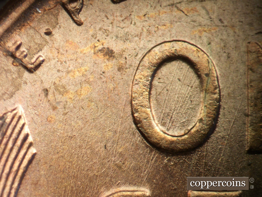 Die-stage A marker on 1950P•1DO•005 showing Die scratche through O in ONE.