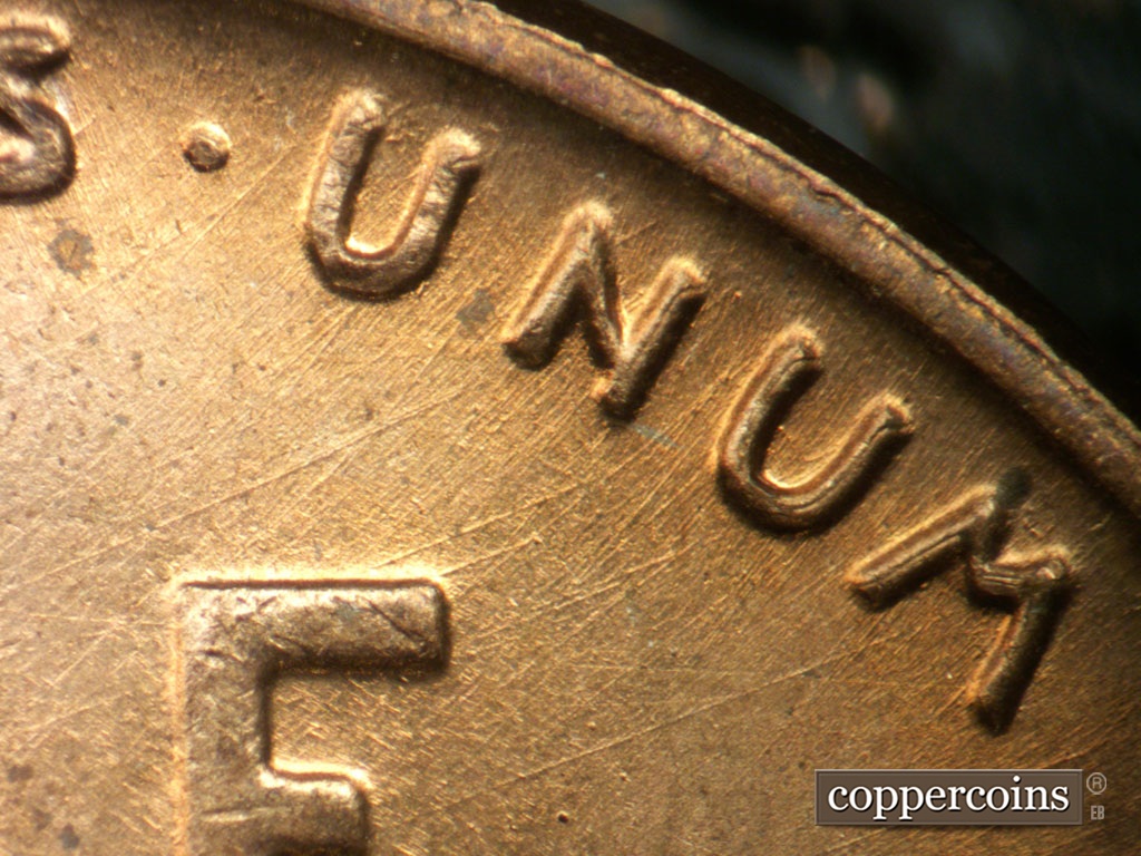 Die-stage A marker on 1950P•1DR•002 showing Nice doubling seen on UNUM.