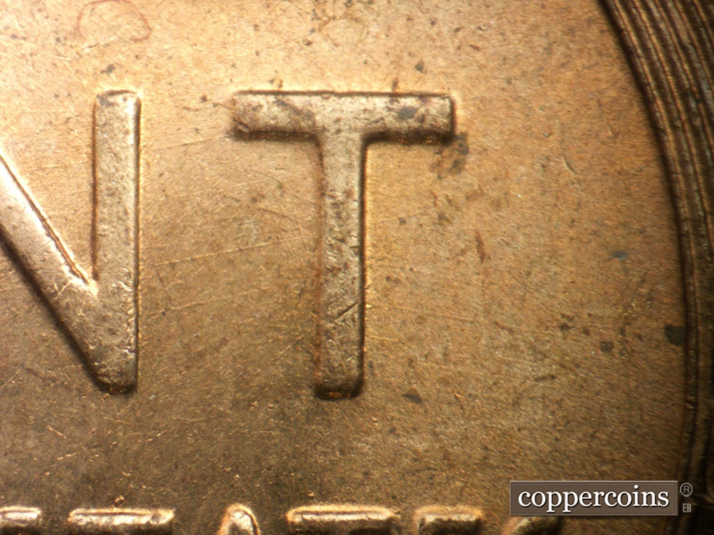 Die-stage A marker on 1950P•1DR•002 showing ENE die scratches connect N to T in CENT.