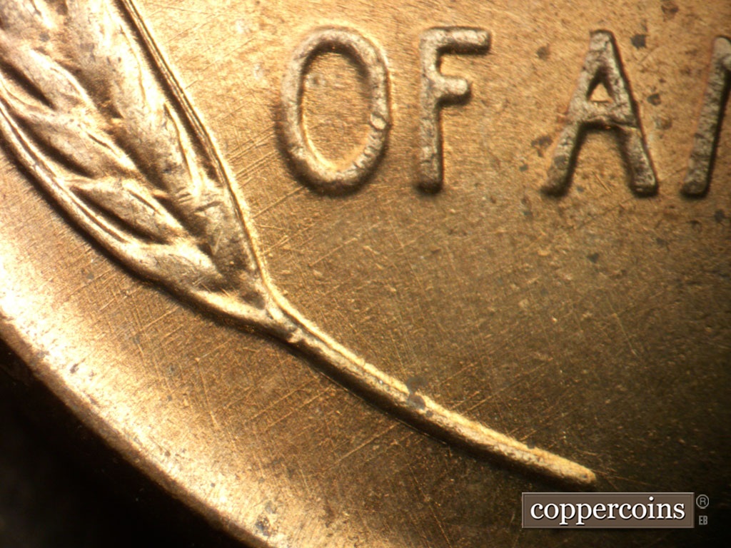 Die-stage A marker on 1950P•1DR•002 showing NE die scratches in field surrounding left wheat stem and OF.