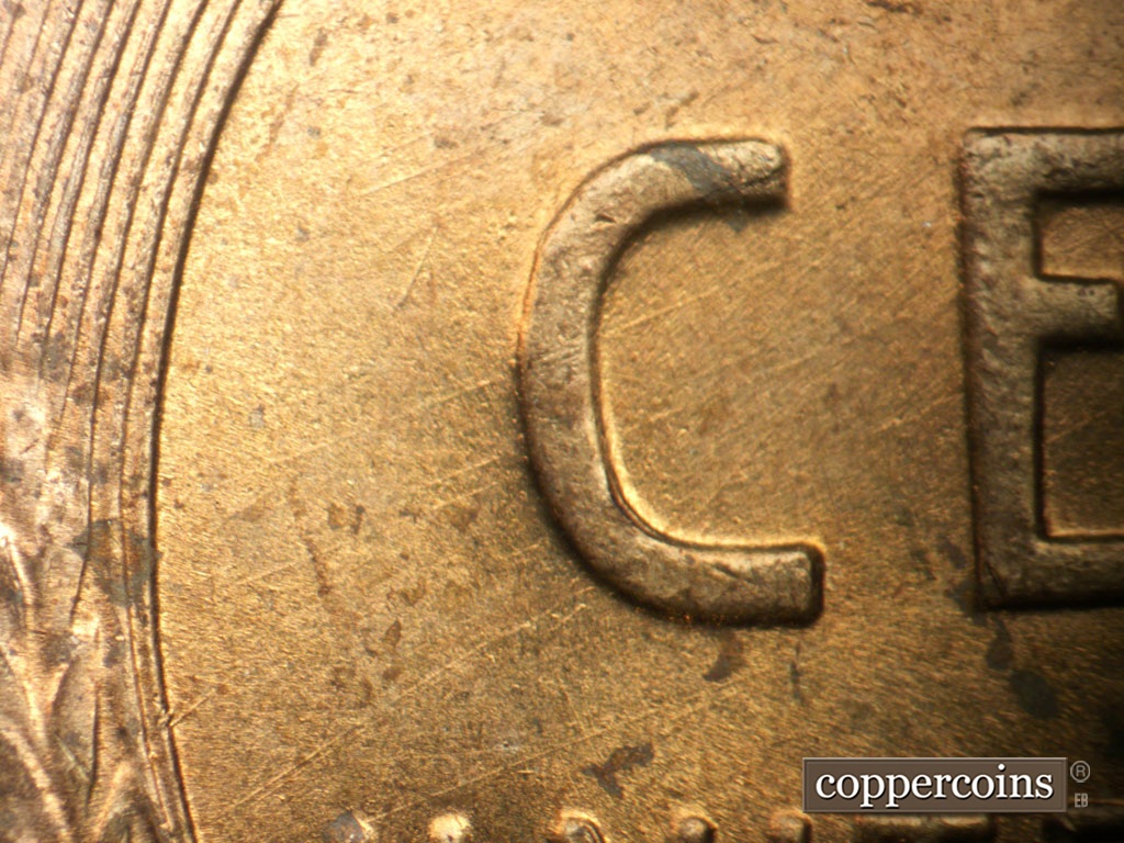 Die-stage A marker on 1950P•1DR•002 showing NE die scratches through C in CENT.