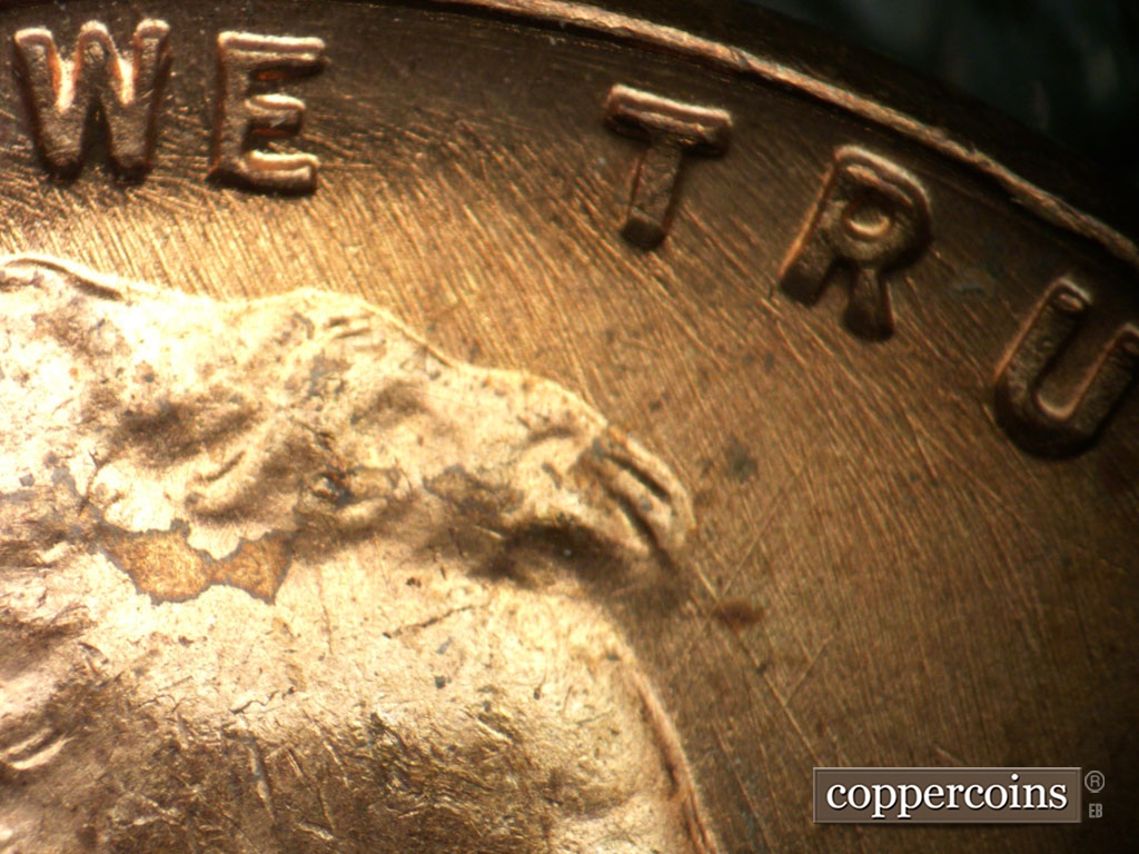Die-stage A marker on 1950P•1DR•002 showing Die scratches in field around WE TRUST.