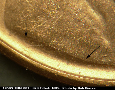 Die-stage B marker on 1950S•1MM•001 (1950 Repunched Mint Mark).