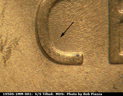 Die-stage B marker on 1950S•1MM•001 (1950 Repunched Mint Mark).