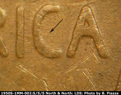 Die-stage C marker on 1950S•1MM•002 (1950 Repunched Mint Mark).