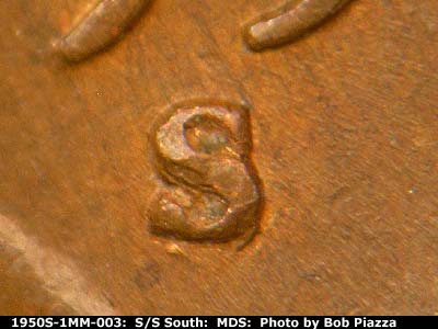 Die-stage B marker on 1950S•1MM•003 (1950 Repunched Mint Mark).