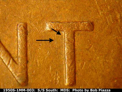Die-stage B marker on 1950S•1MM•003 (1950 Repunched Mint Mark).