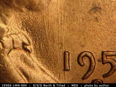 Die-stage B marker on 1950S•1MM•004 (1950 Repunched Mint Mark).
