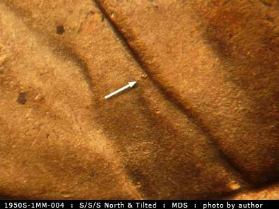 Die-stage B marker on 1950S•1MM•004 (1950 Repunched Mint Mark).