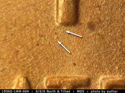 Die-stage B marker on 1950S•1MM•004 (1950 Repunched Mint Mark).