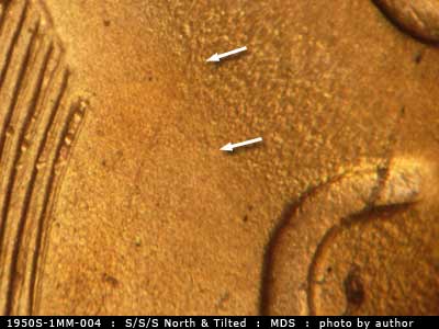 Die-stage B marker on 1950S•1MM•004 (1950 Repunched Mint Mark).