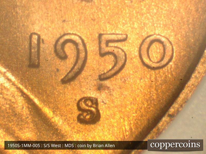 Die-stage B marker on 1950S•1MM•005 (1950 Repunched Mint Mark).