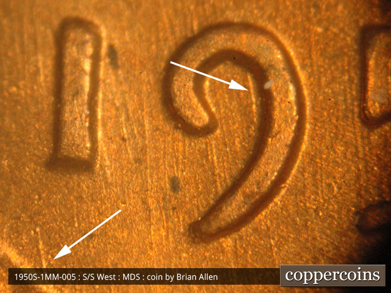 Die-stage B marker on 1950S•1MM•005 (1950 Repunched Mint Mark).