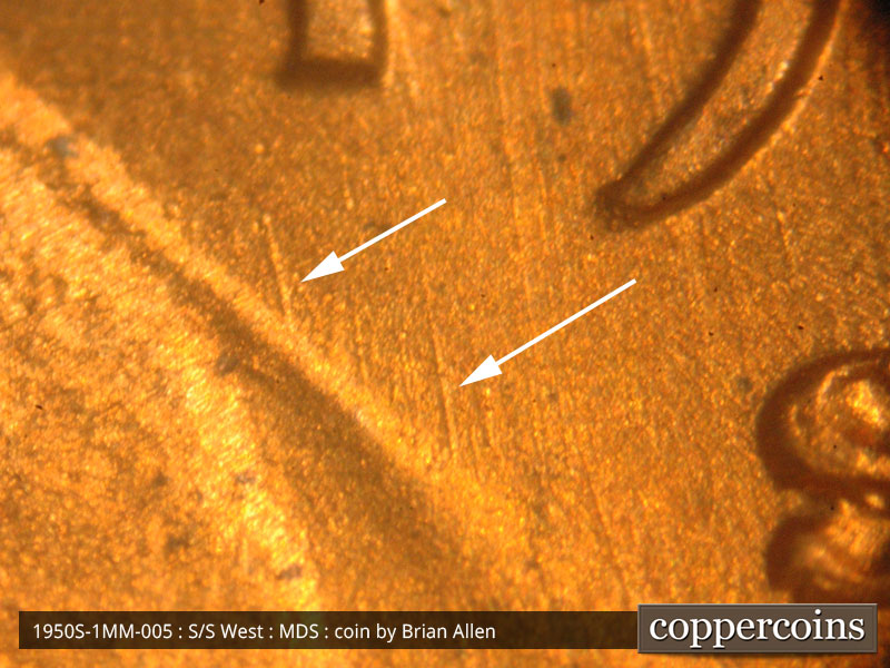 Die-stage B marker on 1950S•1MM•005 (1950 Repunched Mint Mark).