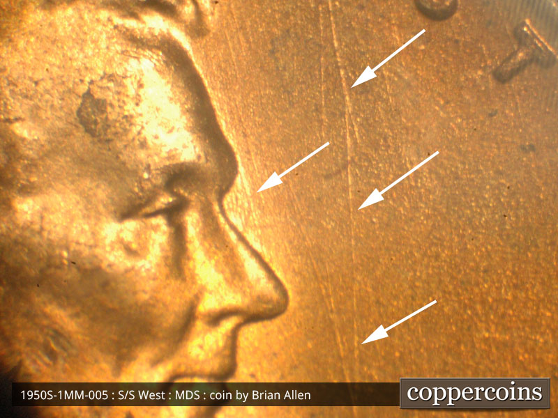 Die-stage B marker on 1950S•1MM•005 (1950 Repunched Mint Mark).