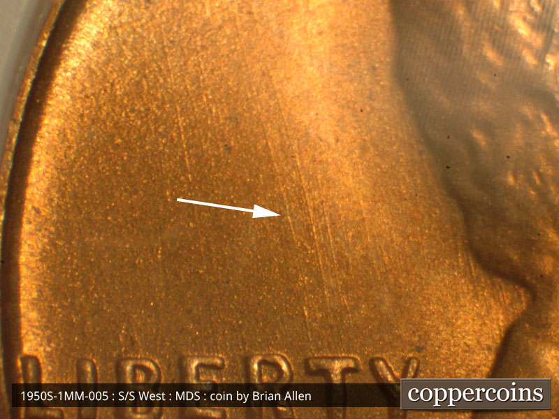 Die-stage B marker on 1950S•1MM•005 (1950 Repunched Mint Mark).