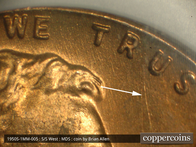 Die-stage B marker on 1950S•1MM•005 (1950 Repunched Mint Mark).