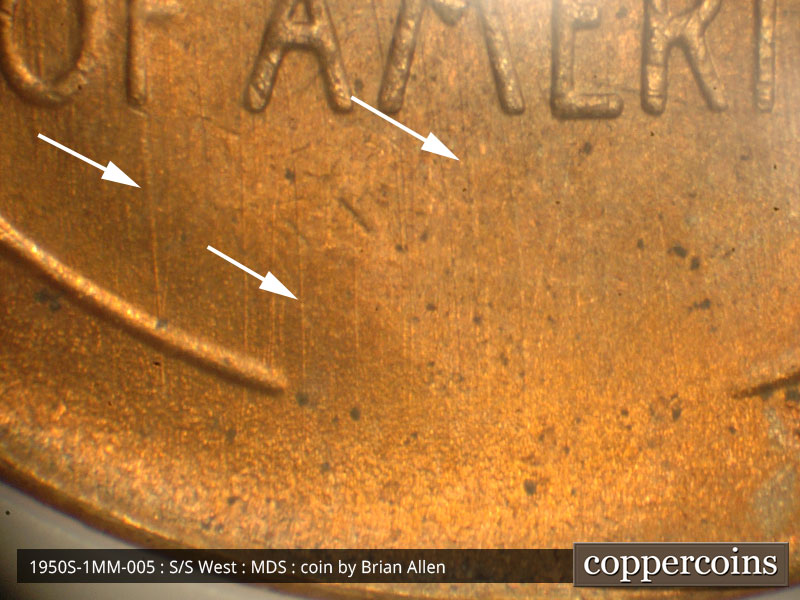 Die-stage B marker on 1950S•1MM•005 (1950 Repunched Mint Mark).