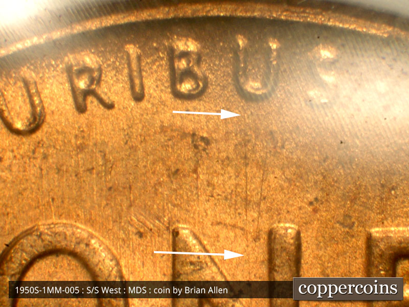 Die-stage B marker on 1950S•1MM•005 (1950 Repunched Mint Mark).
