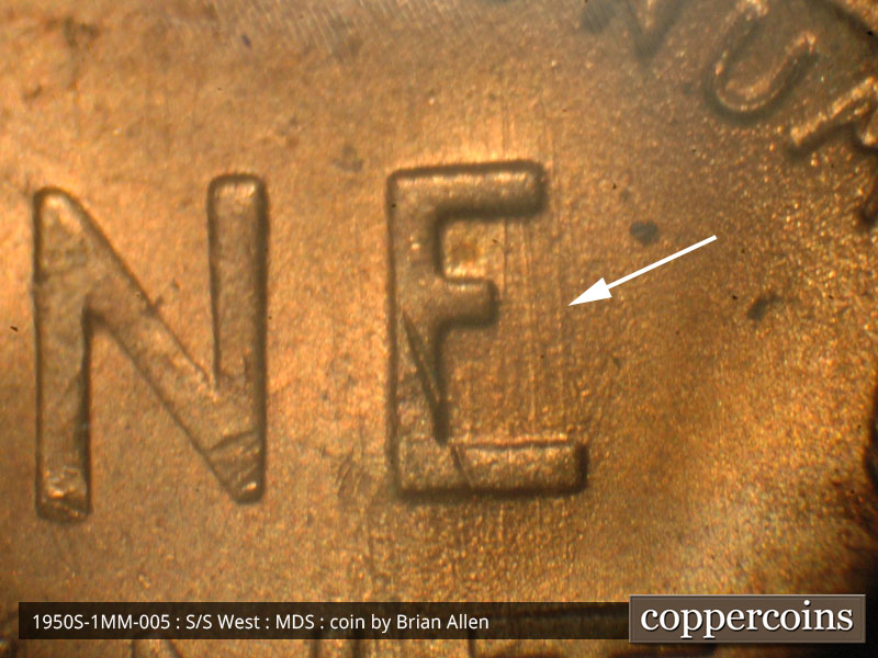 Die-stage B marker on 1950S•1MM•005 (1950 Repunched Mint Mark).