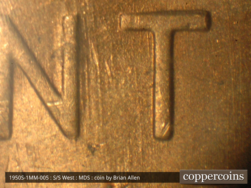 Die-stage B marker on 1950S•1MM•005 (1950 Repunched Mint Mark).