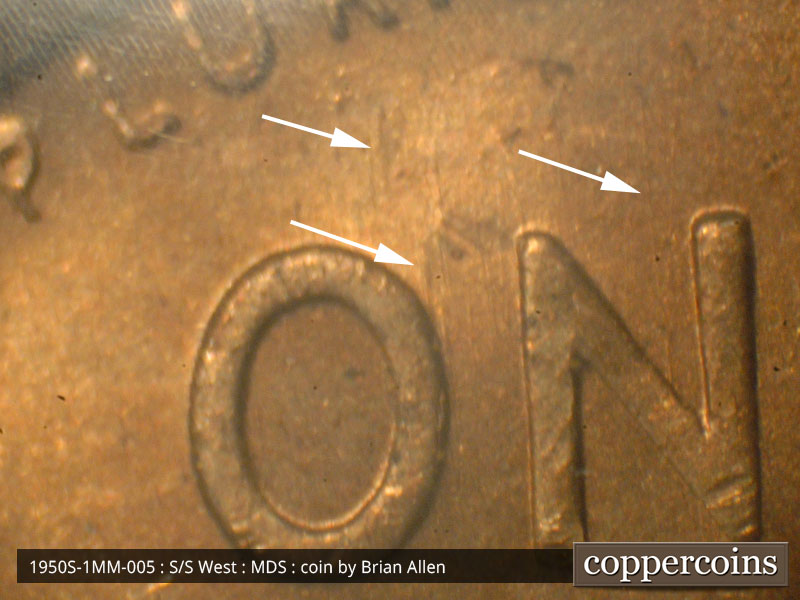 Die-stage B marker on 1950S•1MM•005 (1950 Repunched Mint Mark).