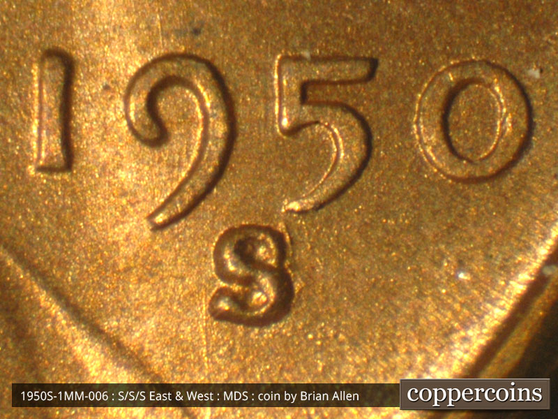Die-stage B marker on 1950S•1MM•006 (1950 Repunched Mint Mark).
