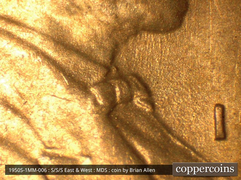 Die-stage B marker on 1950S•1MM•006 (1950 Repunched Mint Mark).