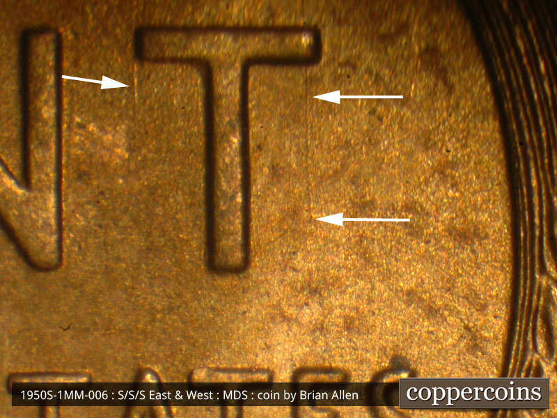 Die-stage B marker on 1950S•1MM•006 (1950 Repunched Mint Mark).
