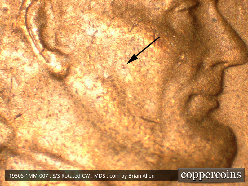 Die-stage B marker on 1950S•1MM•007 (1950 Repunched Mint Mark).