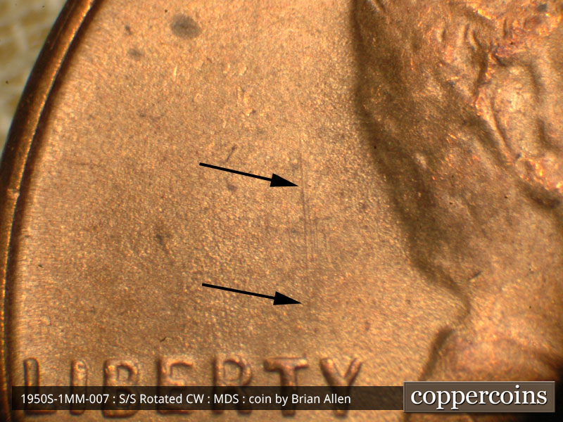 Die-stage B marker on 1950S•1MM•007 (1950 Repunched Mint Mark).