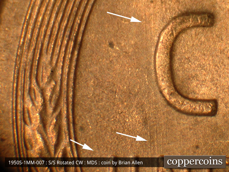 Die-stage B marker on 1950S•1MM•007 (1950 Repunched Mint Mark).