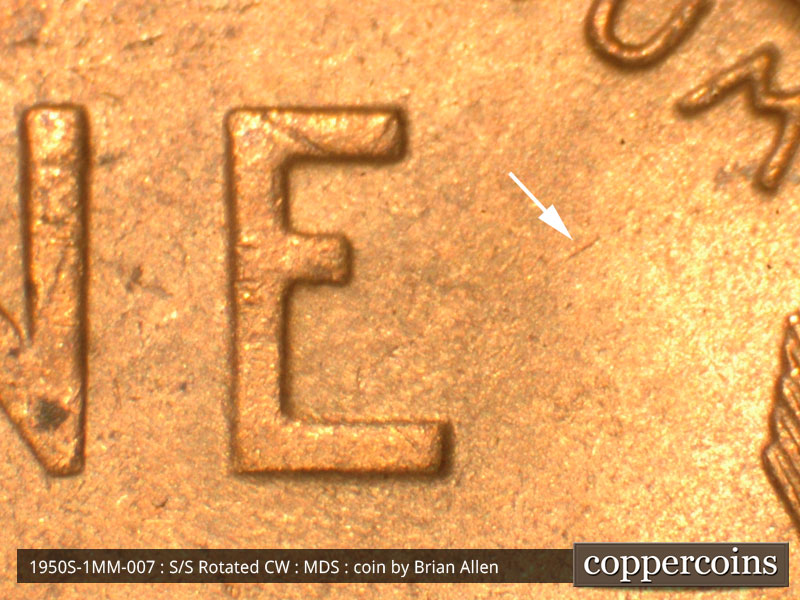 Die-stage B marker on 1950S•1MM•007 (1950 Repunched Mint Mark).