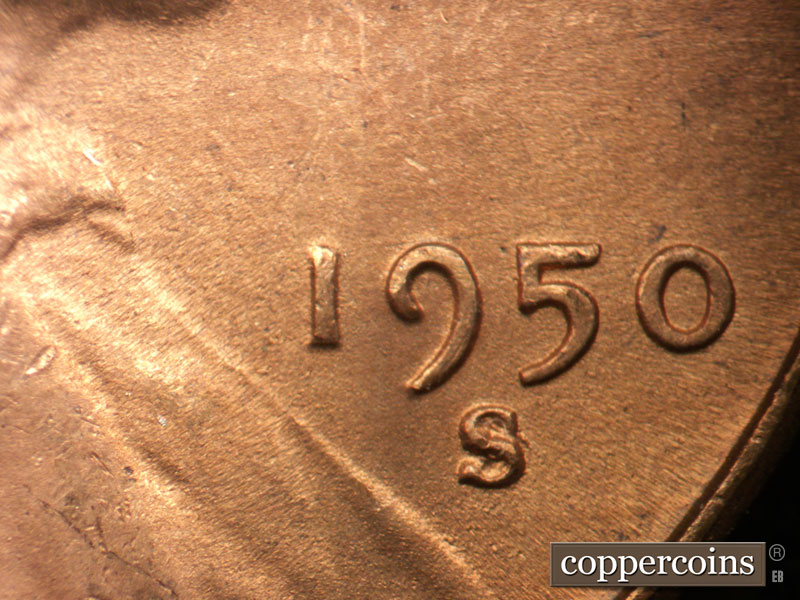 Die-stage B marker on 1950S•1MM•008 (1950 Repunched Mint Mark).