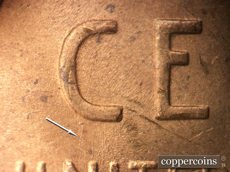 Die-stage B marker on 1950S•1MM•008 (1950 Repunched Mint Mark).