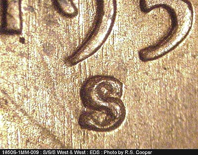 Die-stage A marker on 1950S•1MM•009 (1950 Repunched Mint Mark).
