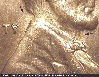 Die-stage A marker on 1950S•1MM•009 (1950 Repunched Mint Mark).